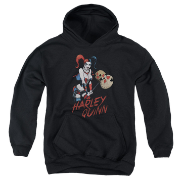 Black youth hoodie for ages 8 to 12 with Harley Quinn Harley Hammer graphic