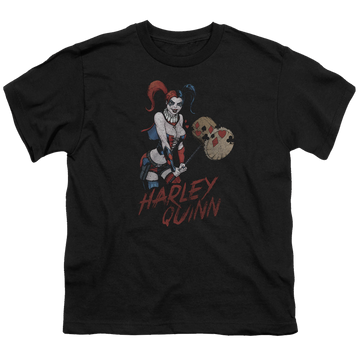 Black youth t-shirt for ages 8 to 12 with Harley Quinn Harley Hammer graphic