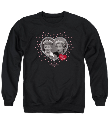 Black men's crewneck sweatshirt with I Love Lucy Hearts And Dots graphic