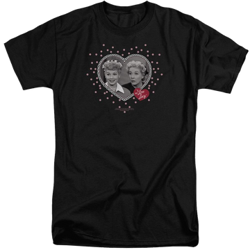 Black men's tall fit t-shirt with I Love Lucy Hearts And Dots graphic
