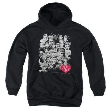 Black youth hoodie for ages 8 to 12 with I Love Lucy 60 Years Of Fun graphic