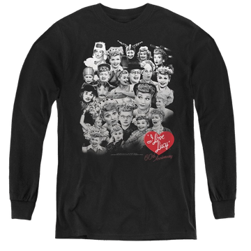 Black youth long sleeve t-shirt with I Love Lucy 60 Years Of Fun graphic
