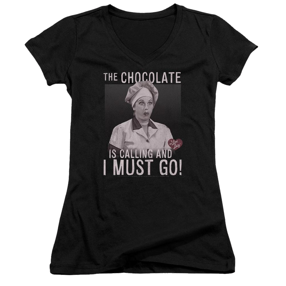 I Love Lucy Chocolate Calling Juniors V-Neck T-Shirt Juniors V-Neck T-Shirt I Love Lucy