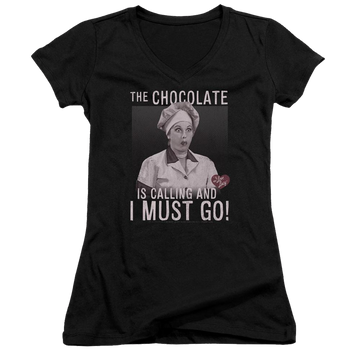 I Love Lucy Chocolate Calling Juniors V-Neck T-Shirt Juniors V-Neck T-Shirt I Love Lucy