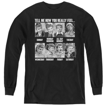 Black youth long sleeve t-shirt with I Love Lucy 8 Days A Week graphic