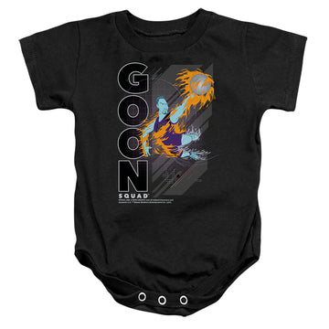 Black baby bodysuit with Space Jam - A New Legacy Wet Fire graphic
