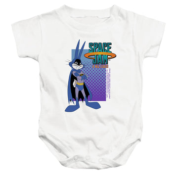 White baby bodysuit with Space Jam - A New Legacy Bugs Batman graphic