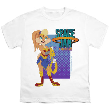 White youth t-shirt for ages 8 to 12 with Space Jam - A New Legacy Lola Wonder Woman graphic