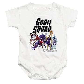 White baby bodysuit with Space Jam - A New Legacy Goon Squad Group graphic
