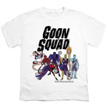 White youth t-shirt for ages 8 to 12 with Space Jam - A New Legacy Goon Squad Group graphic