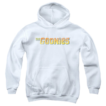 White youth hoodie for ages 8 to 12 with The Goonies Logo graphic
