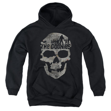 Black youth hoodie for ages 8 to 12 with The Goonies Skull 1 graphic