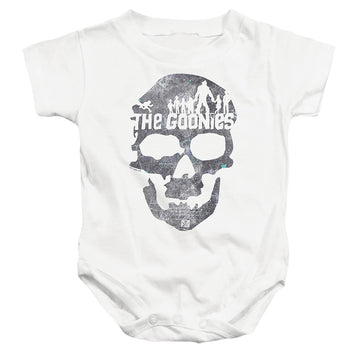 White baby bodysuit with The Goonies Skull 2 graphic