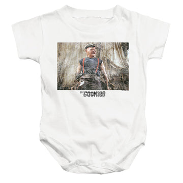 White baby bodysuit with The Goonies Sloth 2 graphic
