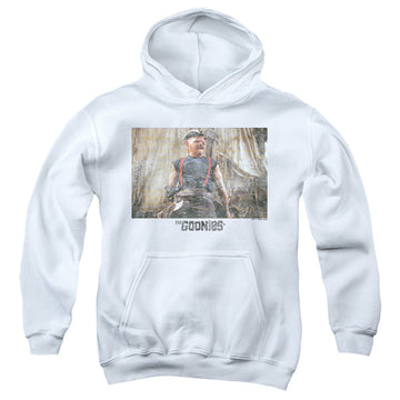 White youth hoodie for ages 8 to 12 with The Goonies Sloth 2 graphic