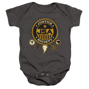 Charcoal baby bodysuit with Black Adam Justice Society graphic