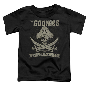 Black toddler t-shirt with The Goonies Never Say Die graphic