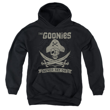 Black youth hoodie for ages 8 to 12 with The Goonies Never Say Die graphic