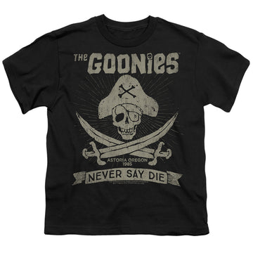 Black youth t-shirt for ages 8 to 12 with The Goonies Never Say Die graphic