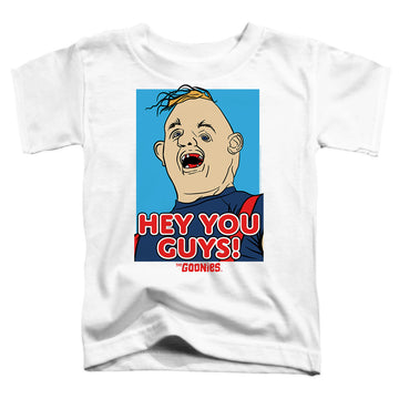 White toddler t-shirt with The Goonies Sloth Hey You Guys graphic