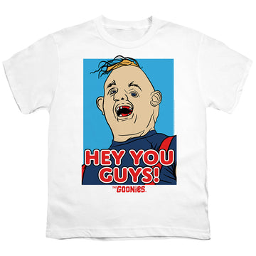 White youth t-shirt for ages 8 to 12 with The Goonies Sloth Hey You Guys graphic