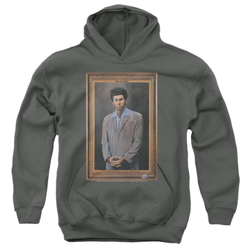 Charcoal youth hoodie for ages 8 to 12 with Seinfeld Kramer Portrait graphic