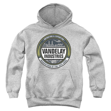 Athletic heather youth hoodie for ages 8 to 12 with Seinfeld Vendelay Logo graphic