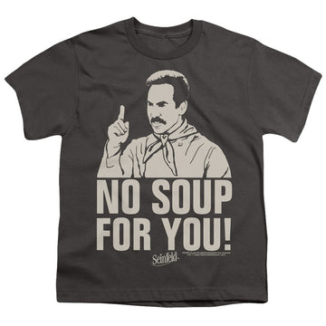 Charcoal youth t-shirt for ages 8 to 12 with Seinfeld No Soup graphic