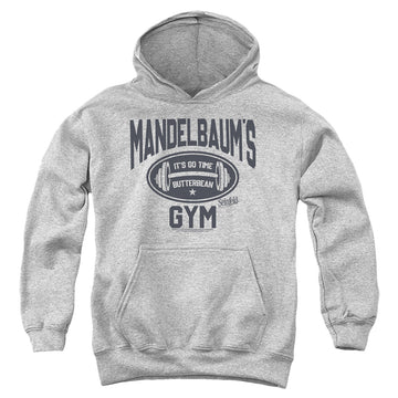 Athletic heather youth hoodie for ages 8 to 12 with Seinfeld Madelbaum's Gym graphic