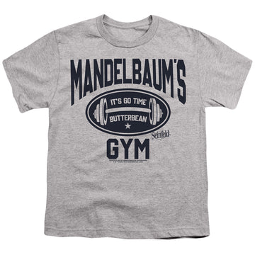 Athletic heather youth t-shirt for ages 8 to 12 with Seinfeld Madelbaum's Gym graphic