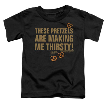 Black toddler t-shirt with Seinfeld Pretzels Thirsty graphic