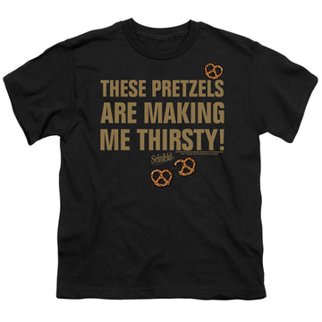 Black youth t-shirt for ages 8 to 12 with Seinfeld Pretzels Thirsty graphic