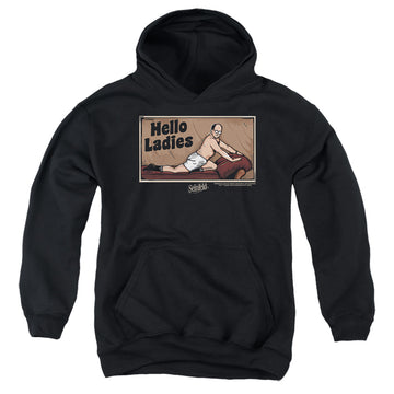 Black youth hoodie for ages 8 to 12 with Seinfeld Hello Ladies graphic