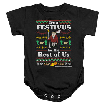 Black baby bodysuit with Seinfeld Festive Festivus graphic