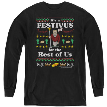 Black youth long sleeve t-shirt with Seinfeld Festive Festivus graphic