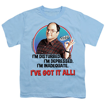 Light blue youth t-shirt for ages 8 to 12 with Seinfeld George All graphic