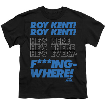 Black youth t-shirt for ages 8 to 12 with Ted Lasso Roy Kent Chant graphic