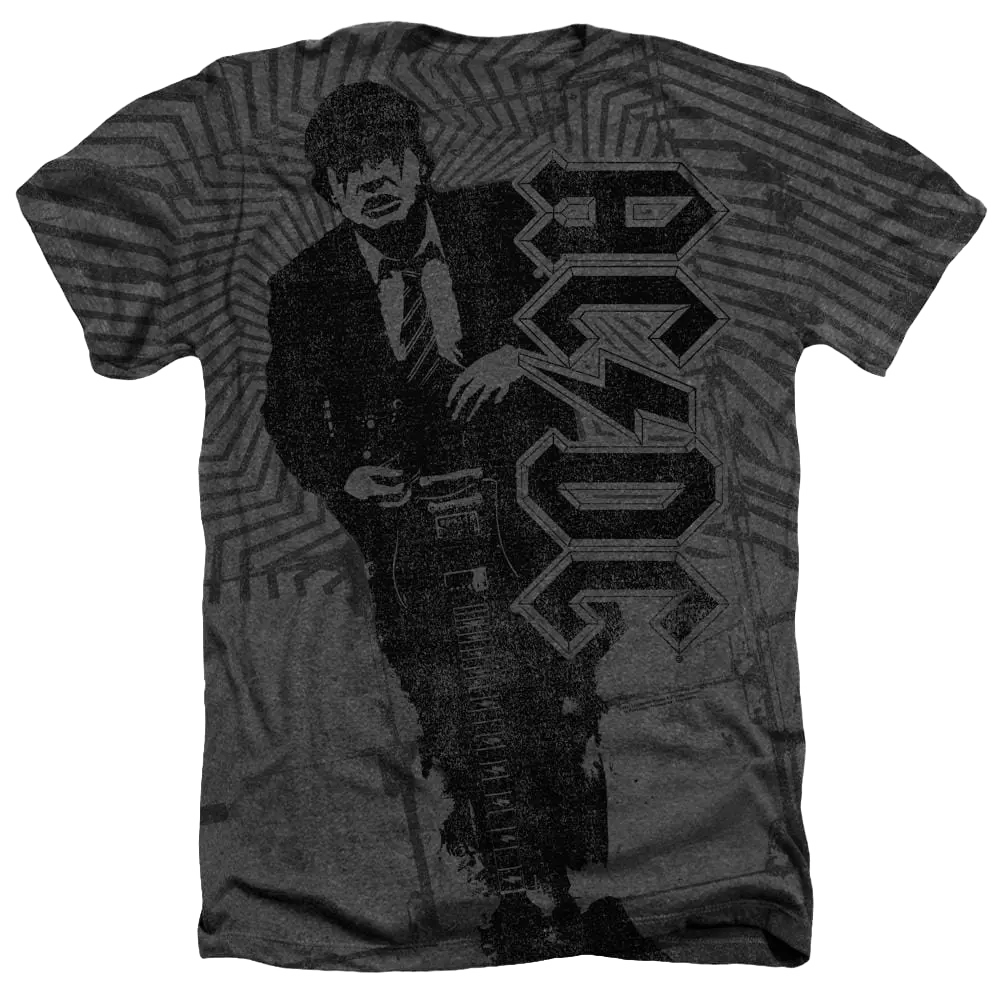 Charcoal heather t-shirt with black and white AC/DC Angus Young graphic and bold AC/DC logo on front.