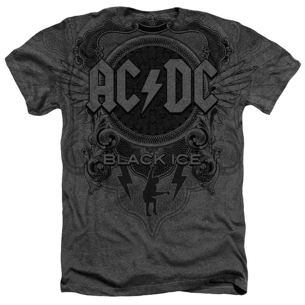 Heather gray AC/DC Black Ice graphic T-shirt with bold band logo and lightning bolt design.