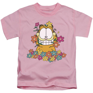 Pink kid's t-shirt for ages 4 to 7 with Garfield In The Garden graphic