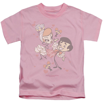 Pink kid's t-shirt for ages 4 to 7 with I Love Lucy Rumba Dance graphic