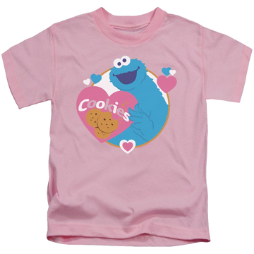 Pink kid's t-shirt for ages 4 to 7 with Sesame Street Love Cookies graphic