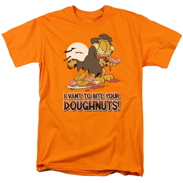 Orange men's regular fit t-shirt with Garfield I Vant Doughnuts graphic