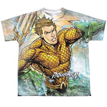 Aquaman Rough Seas youth all-over print t-shirt for ages 8 to 12