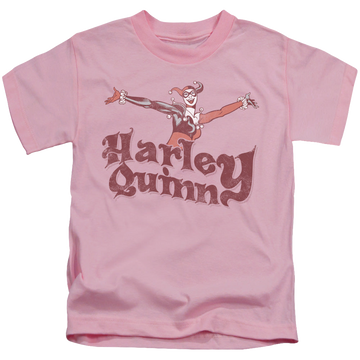 Pink kid's t-shirt for ages 4 to 7 with Harley Quinn Harley Hop Vintage graphic
