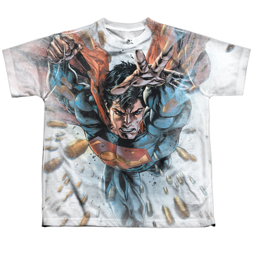 Superman Bullets In The Sky youth all-over print t-shirt for ages 8 to 12