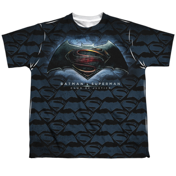 Batman v Superman Logo Pattern youth all-over print t-shirt for ages 8 to 12