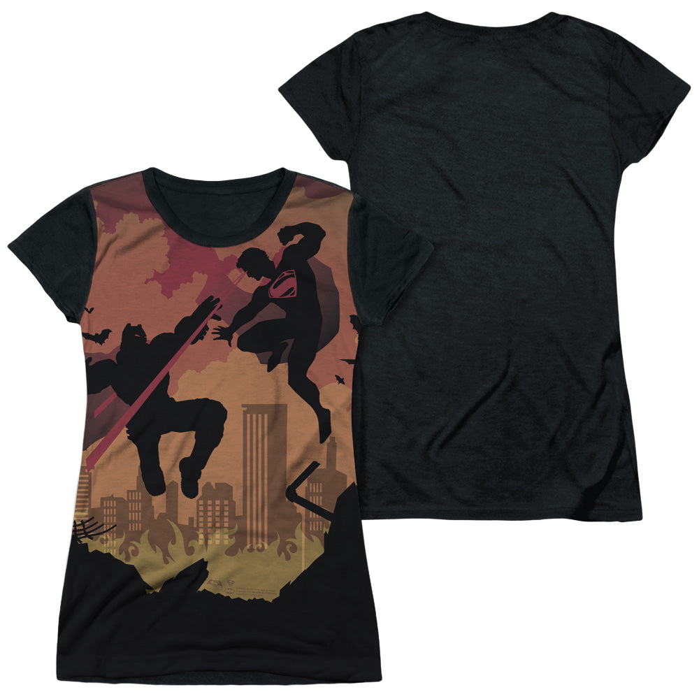 Batman v Superman Silhouette Fight - Juniors Black Back T-Shirt Juniors Black Back T-Shirt Batman
