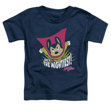 Navy kid's t-shirt for ages 4 to 7 with Mighty Mouse The Mightiest graphic