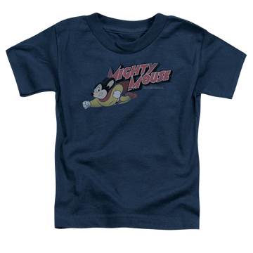 Navy kid's t-shirt for ages 4 to 7 with Mighty Mouse Mighty Retro graphic